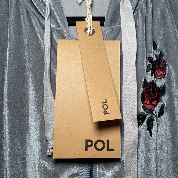 NWT POL Women's size Large Gray Velvet Valeur Embroidered Rose Hoodie Sweatshirt - Picture 6 of 10